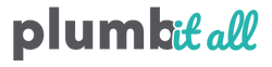 Logo with text 'plumb it all' in gray and teal on a white background